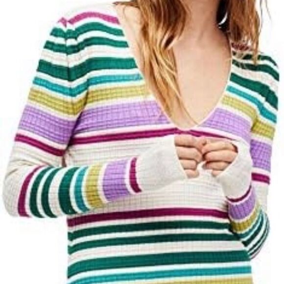 Free People Gidget dress in ivory striped puff sleeve size small - Picture 1 of 10